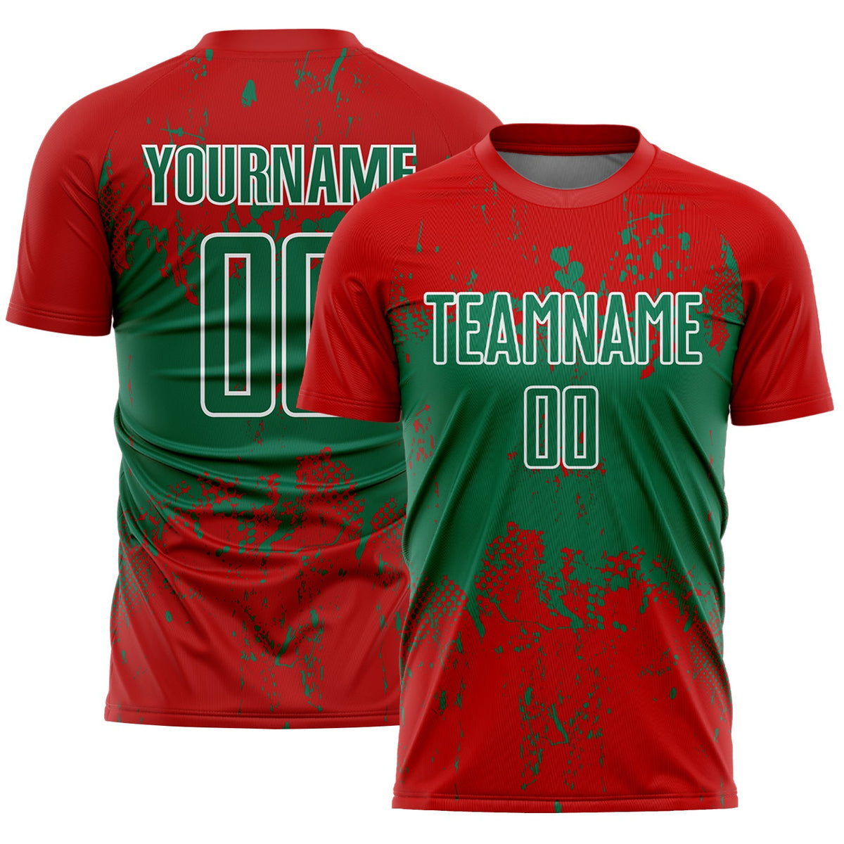 Custom Red Kelly Green-White Abstract Splatter Grunge Art Sports Sublimation Soccer Uniform Jersey