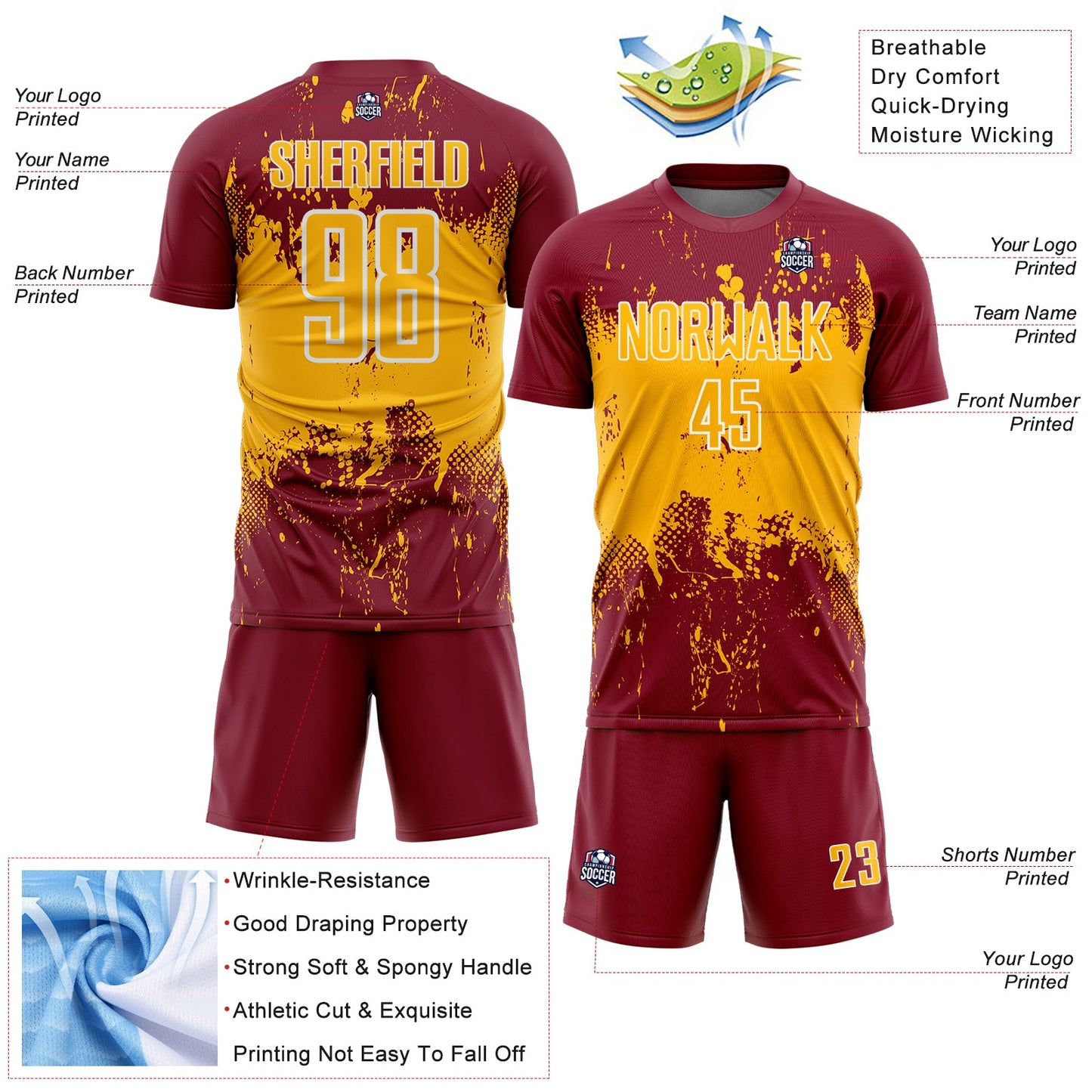 Custom Crimson Gold-White Abstract Splatter Grunge Art Sports Sublimation Soccer Uniform Jersey Limited