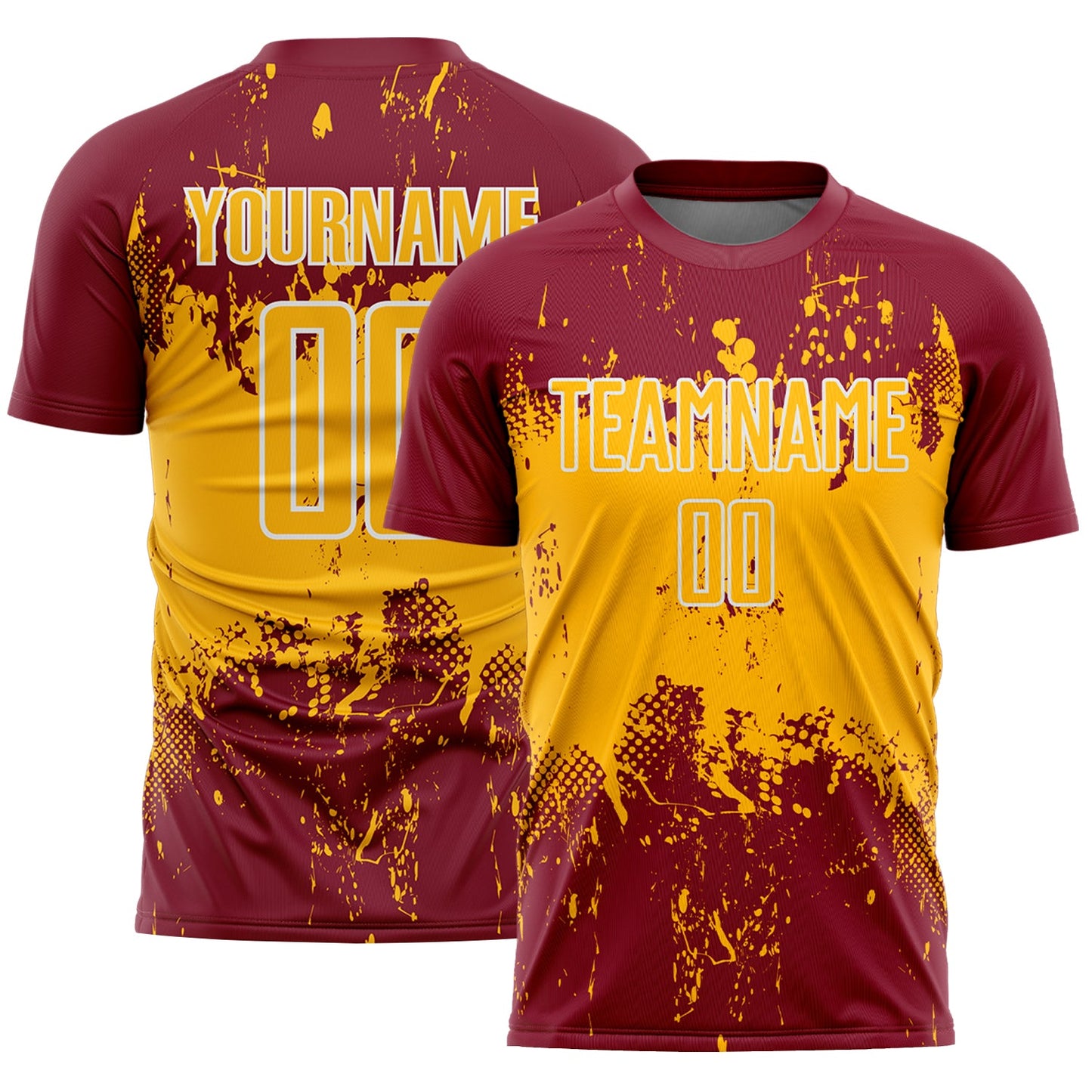 Custom Crimson Gold-White Abstract Splatter Grunge Art Sports Sublimation Soccer Uniform Jersey
