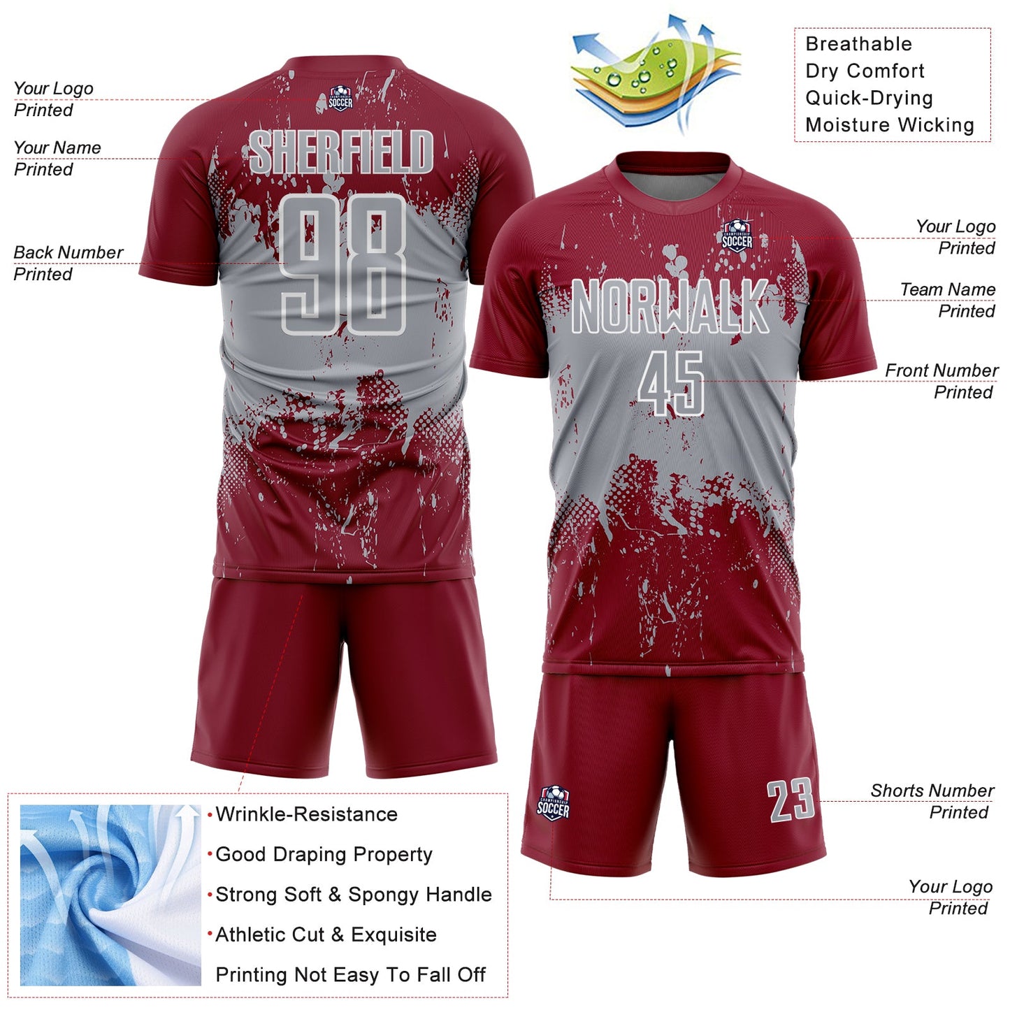 Custom Crimson Gray-White Abstract Splatter Grunge Art Sports Sublimation Soccer Uniform Jersey Limited