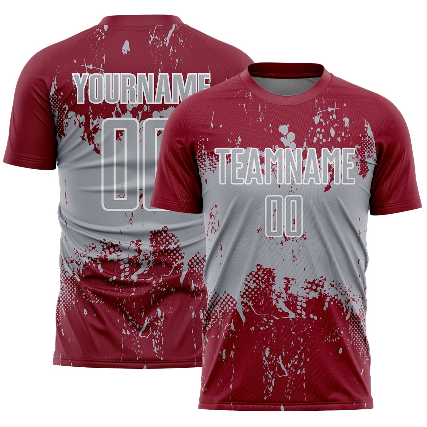 Custom Crimson Gray-White Abstract Splatter Grunge Art Sports Sublimation Soccer Uniform Jersey