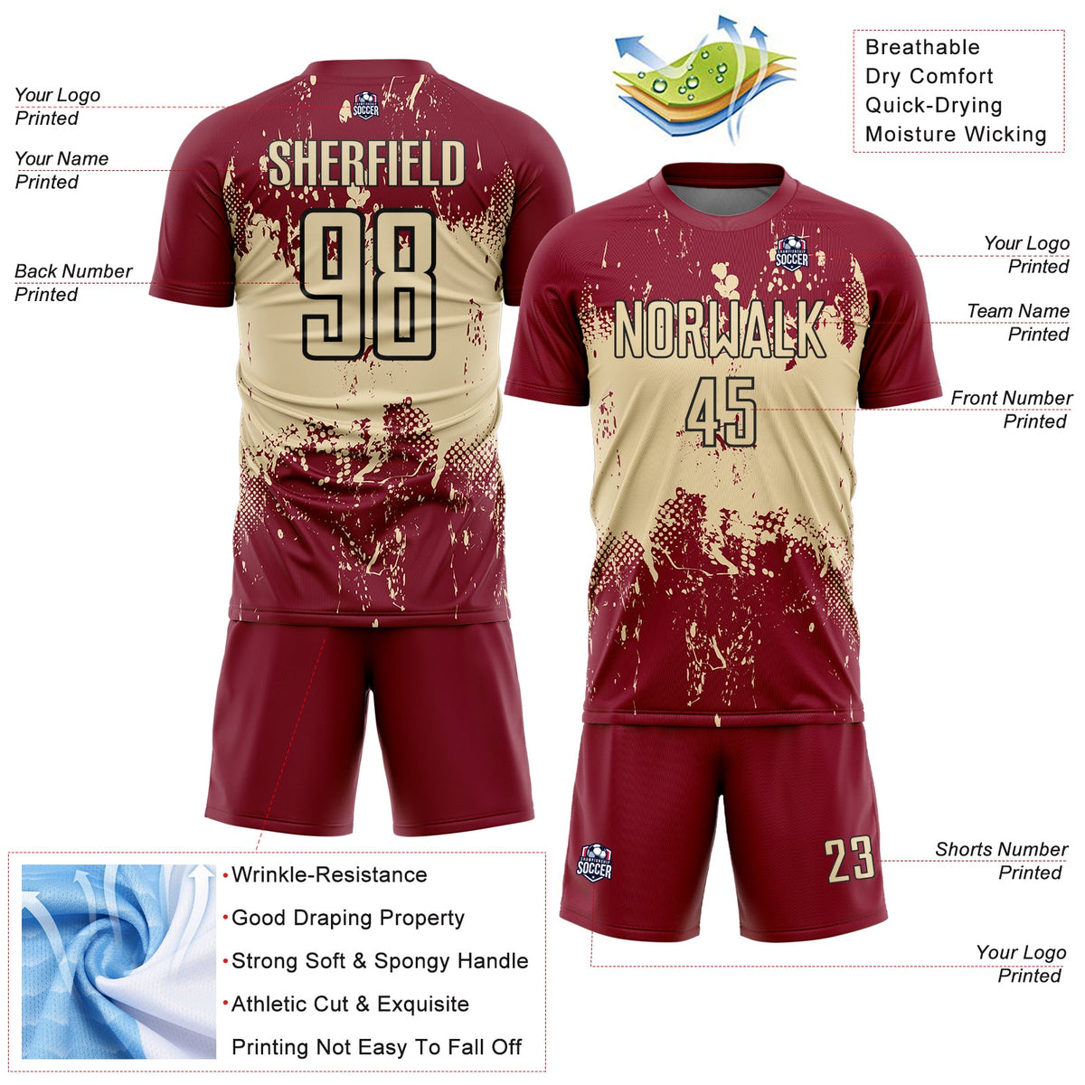 Custom Crimson Cream-Black Abstract Splatter Grunge Art Sports Sublimation Soccer Uniform Jersey Limited