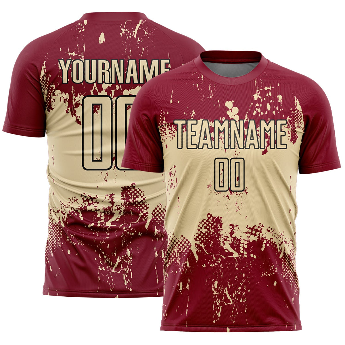 Custom Crimson Cream-Black Abstract Splatter Grunge Art Sports Sublimation Soccer Uniform Jersey
