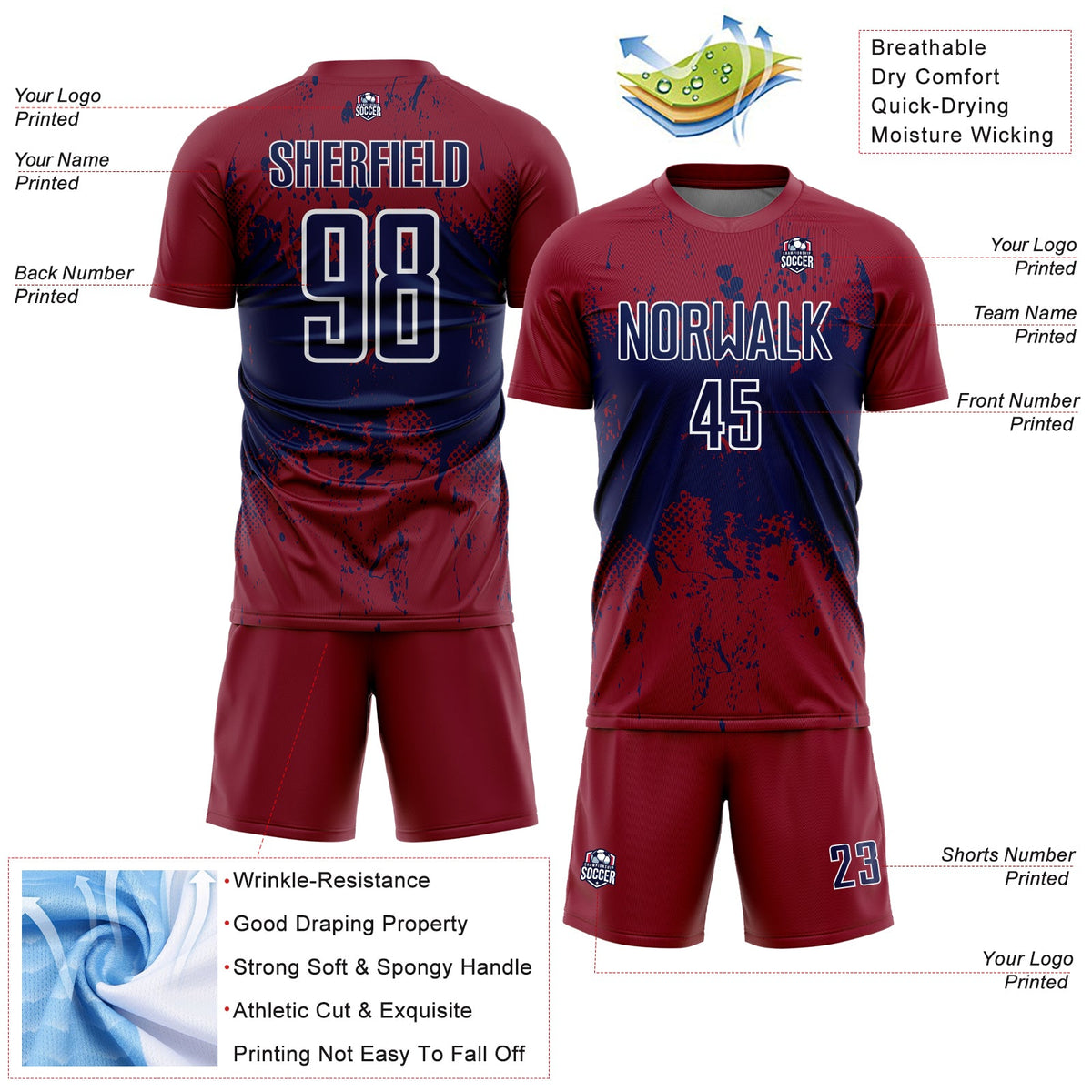 Custom Crimson Navy-White Abstract Splatter Grunge Art Sports Sublimation Soccer Uniform Jersey Limited