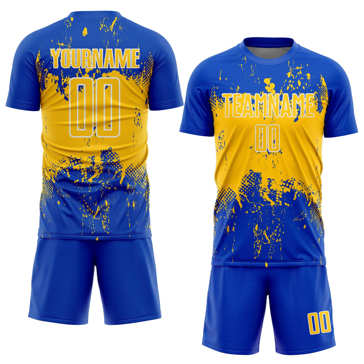 Custom Thunder Blue Yellow-White Abstract Splatter Grunge Art Sports Sublimation Soccer Uniform Jersey Limited