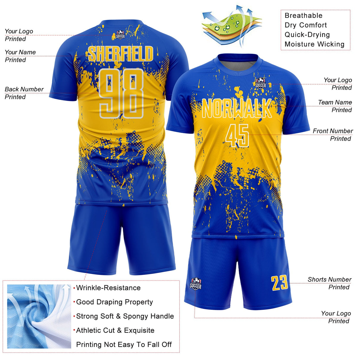 Custom Thunder Blue Yellow-White Abstract Splatter Grunge Art Sports Sublimation Soccer Uniform Jersey Limited
