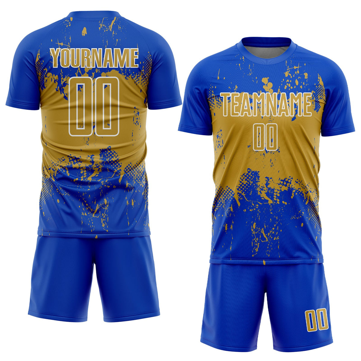 Custom Thunder Blue Old Gold-White Abstract Splatter Grunge Art Sports Sublimation Soccer Uniform Jersey Limited