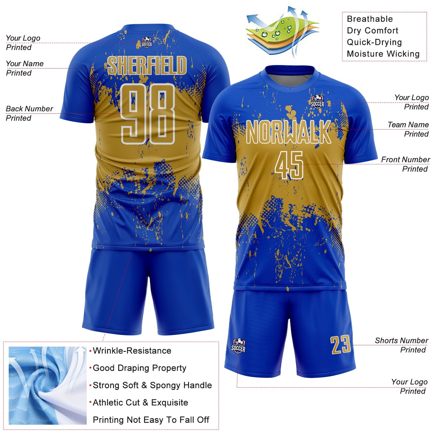 Custom Thunder Blue Old Gold-White Abstract Splatter Grunge Art Sports Sublimation Soccer Uniform Jersey Limited