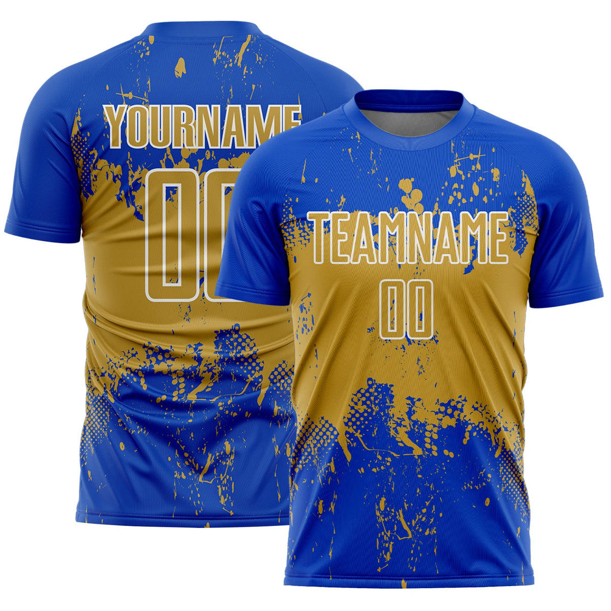 Custom Thunder Blue Old Gold-White Abstract Splatter Grunge Art Sports Sublimation Soccer Uniform Jersey