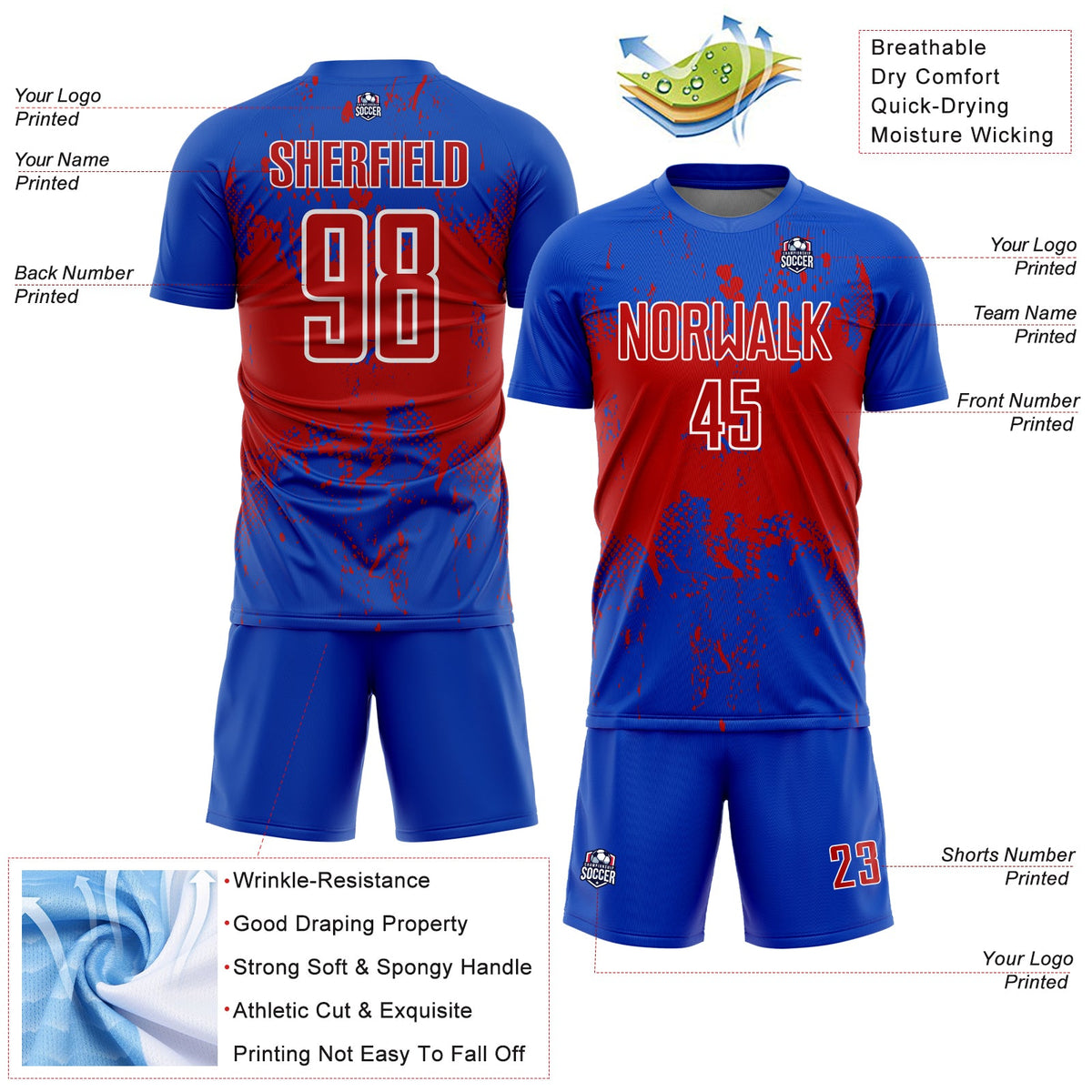 Custom Thunder Blue Red-White Abstract Splatter Grunge Art Sports Sublimation Soccer Uniform Jersey Limited