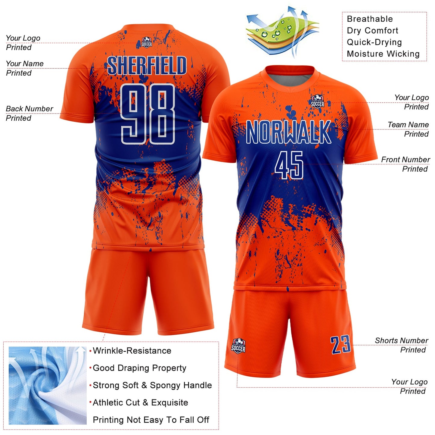 Custom Orange Royal-White Abstract Splatter Grunge Art Sports Sublimation Soccer Uniform Jersey Limited