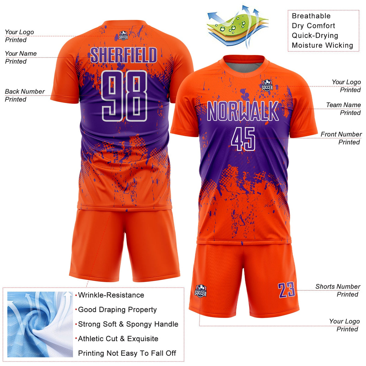 Custom Orange Purple-White Abstract Splatter Grunge Art Sports Sublimation Soccer Uniform Jersey Limited