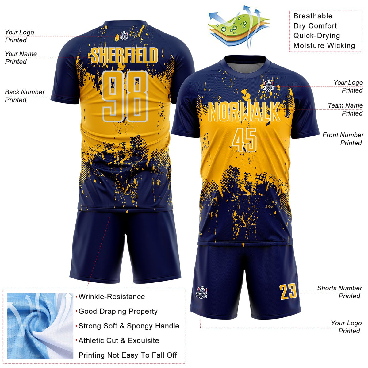Custom Navy Gold-White Abstract Splatter Grunge Art Sports Sublimation Soccer Uniform Jersey Limited