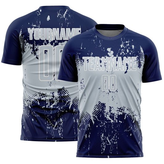 Custom Navy Silver-White Abstract Splatter Grunge Art Sports Sublimation Soccer Uniform Jersey