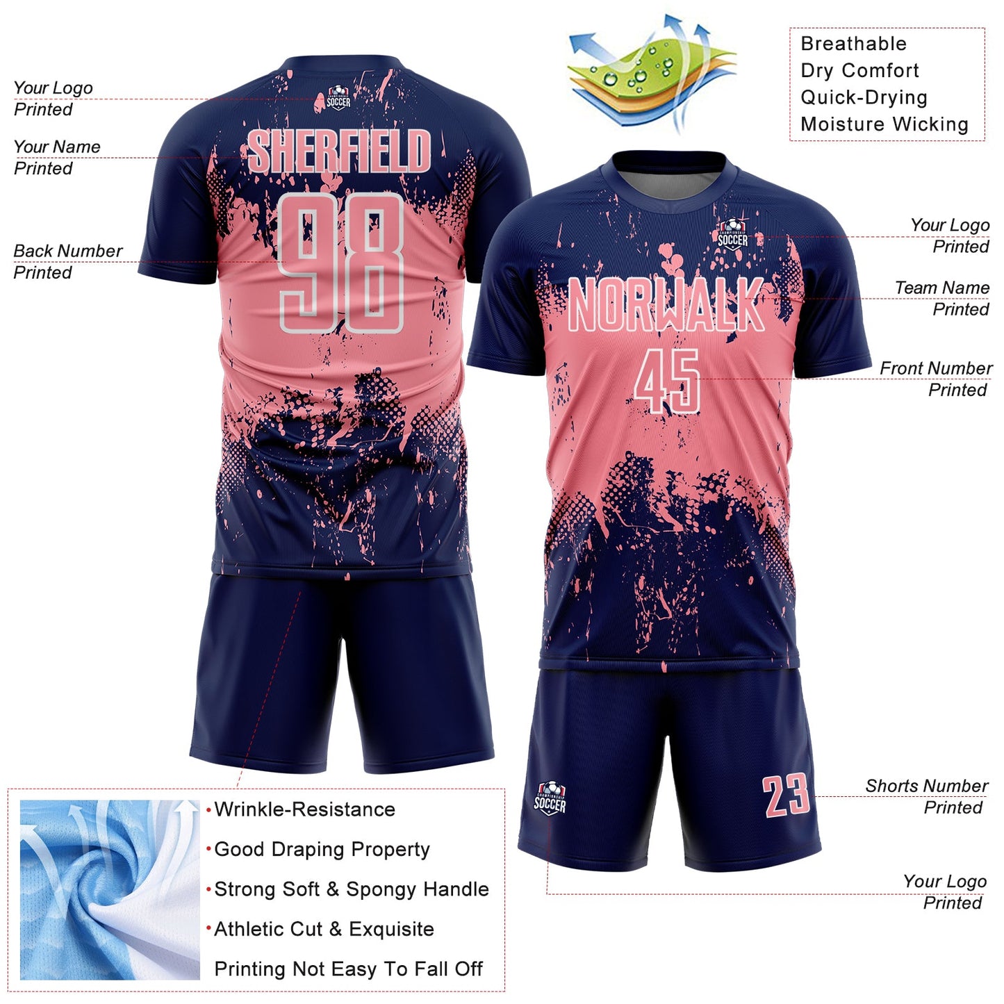 Custom Navy Medium Pink-White Abstract Splatter Grunge Art Sports Sublimation Soccer Uniform Jersey Limited