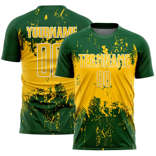 Custom Green Yellow-White Abstract Splatter Grunge Art Sports Sublimation Soccer Uniform Jersey