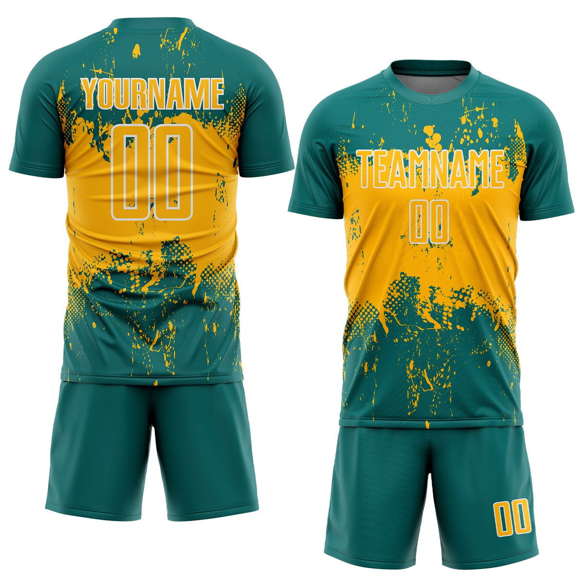 Custom Teal Gold-White Abstract Splatter Grunge Art Sports Sublimation Soccer Uniform Jersey Limited