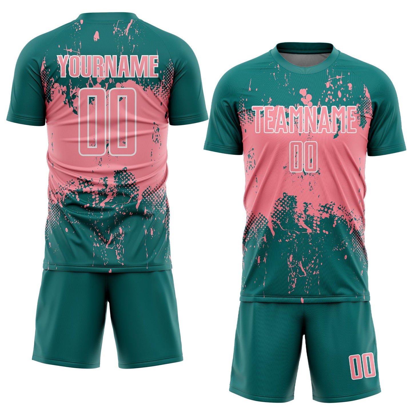 Custom Teal Medium Pink-White Abstract Splatter Grunge Art Sports Sublimation Soccer Uniform Jersey Limited