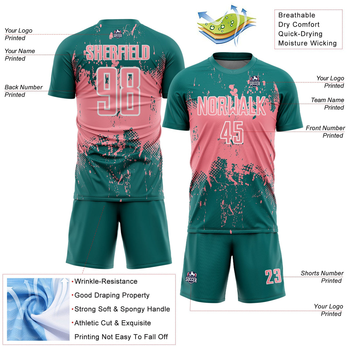 Custom Teal Medium Pink-White Abstract Splatter Grunge Art Sports Sublimation Soccer Uniform Jersey Limited