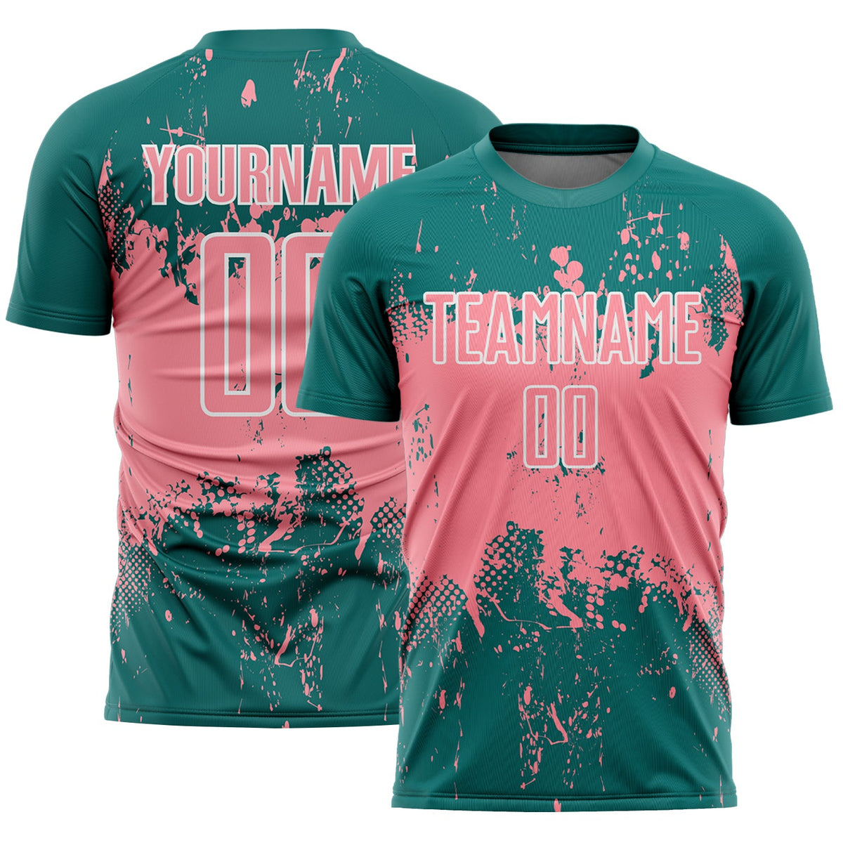 Custom Teal Medium Pink-White Abstract Splatter Grunge Art Sports Sublimation Soccer Uniform Jersey