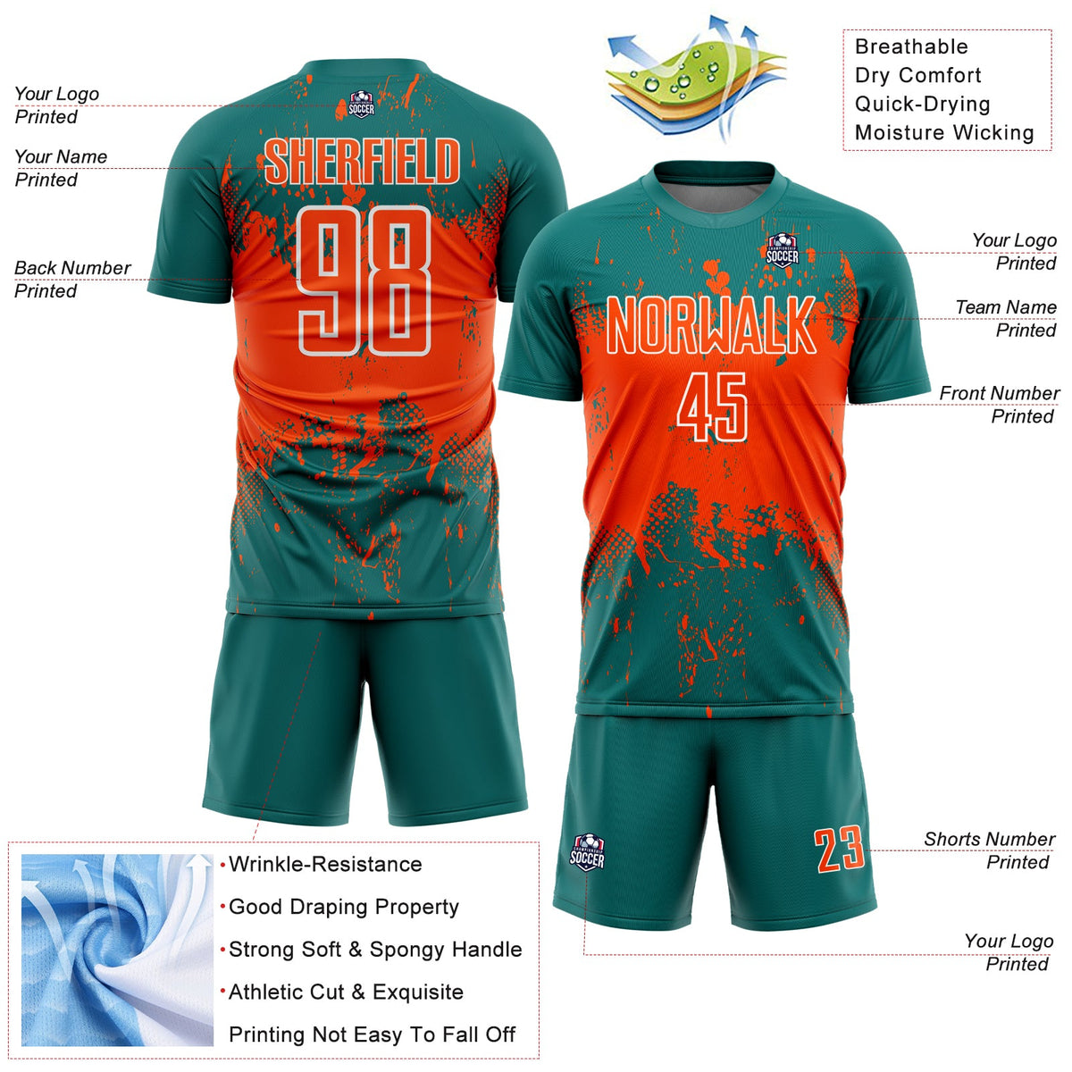 Custom Teal Orange-White Abstract Splatter Grunge Art Sports Sublimation Soccer Uniform Jersey Limited