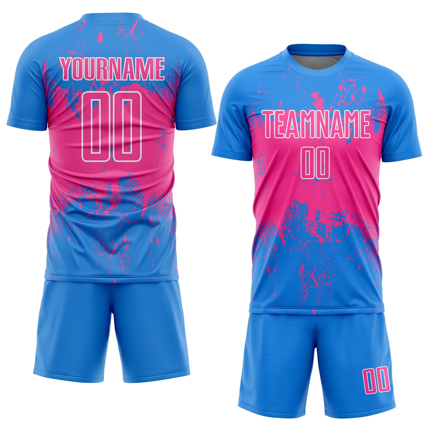 Custom Powder Blue Pink-White Abstract Splatter Grunge Art Sports Sublimation Soccer Uniform Jersey Limited