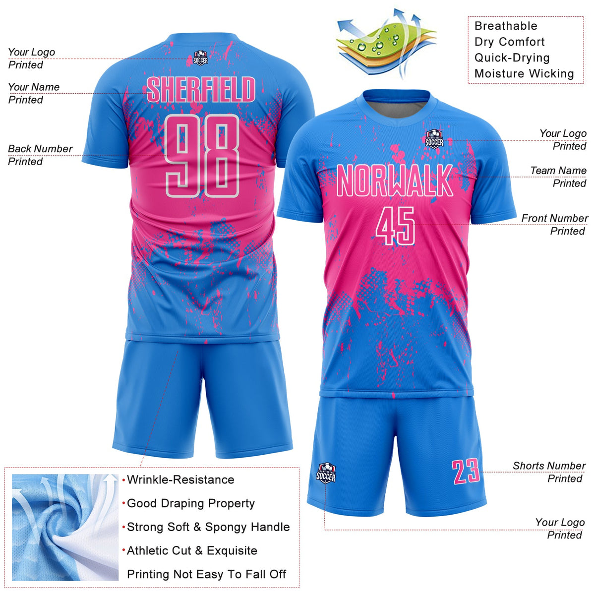 Custom Powder Blue Pink-White Abstract Splatter Grunge Art Sports Sublimation Soccer Uniform Jersey Limited