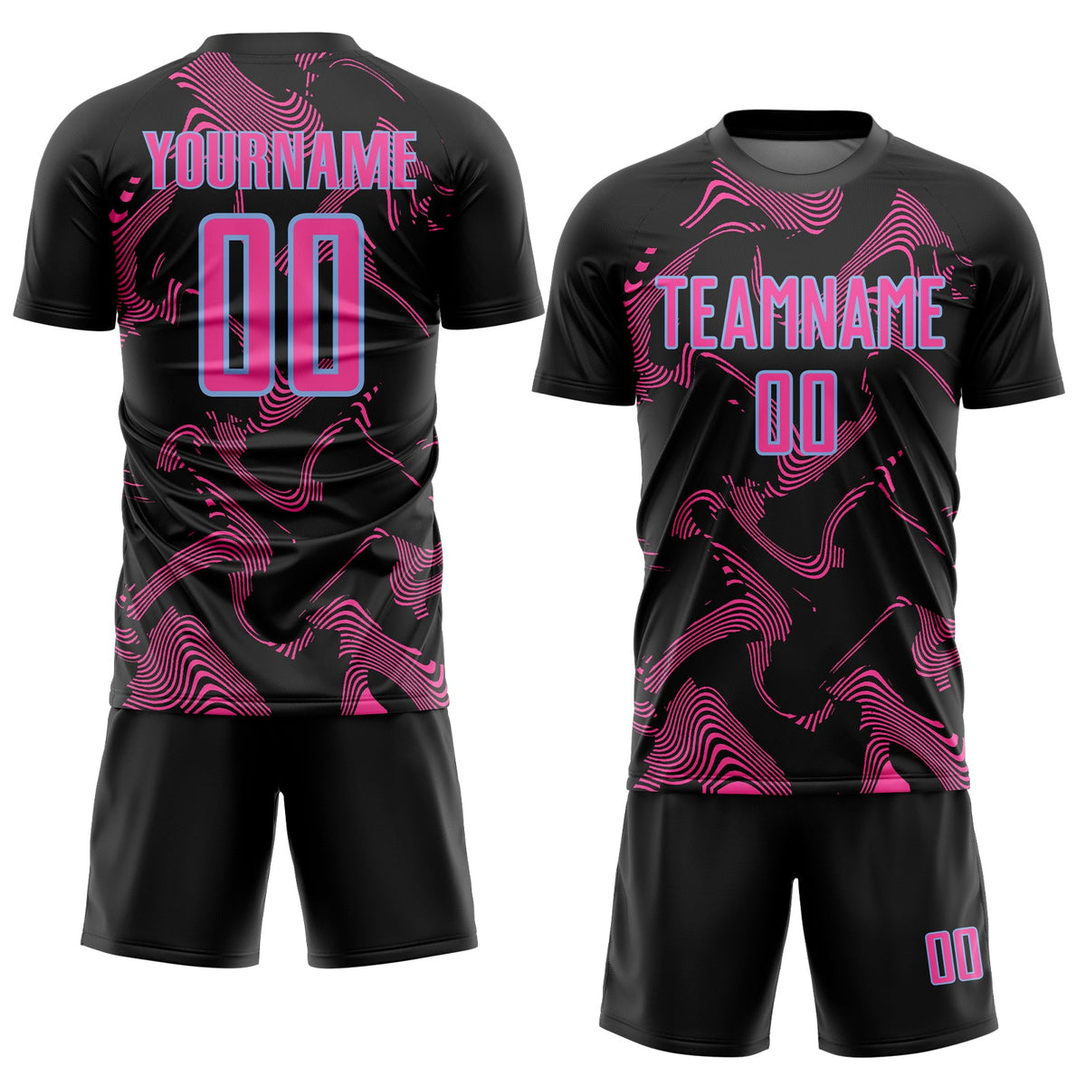 Custom Black Pink-Light Blue Curve Lines Sports Sublimation Soccer Uniform Jersey Limited