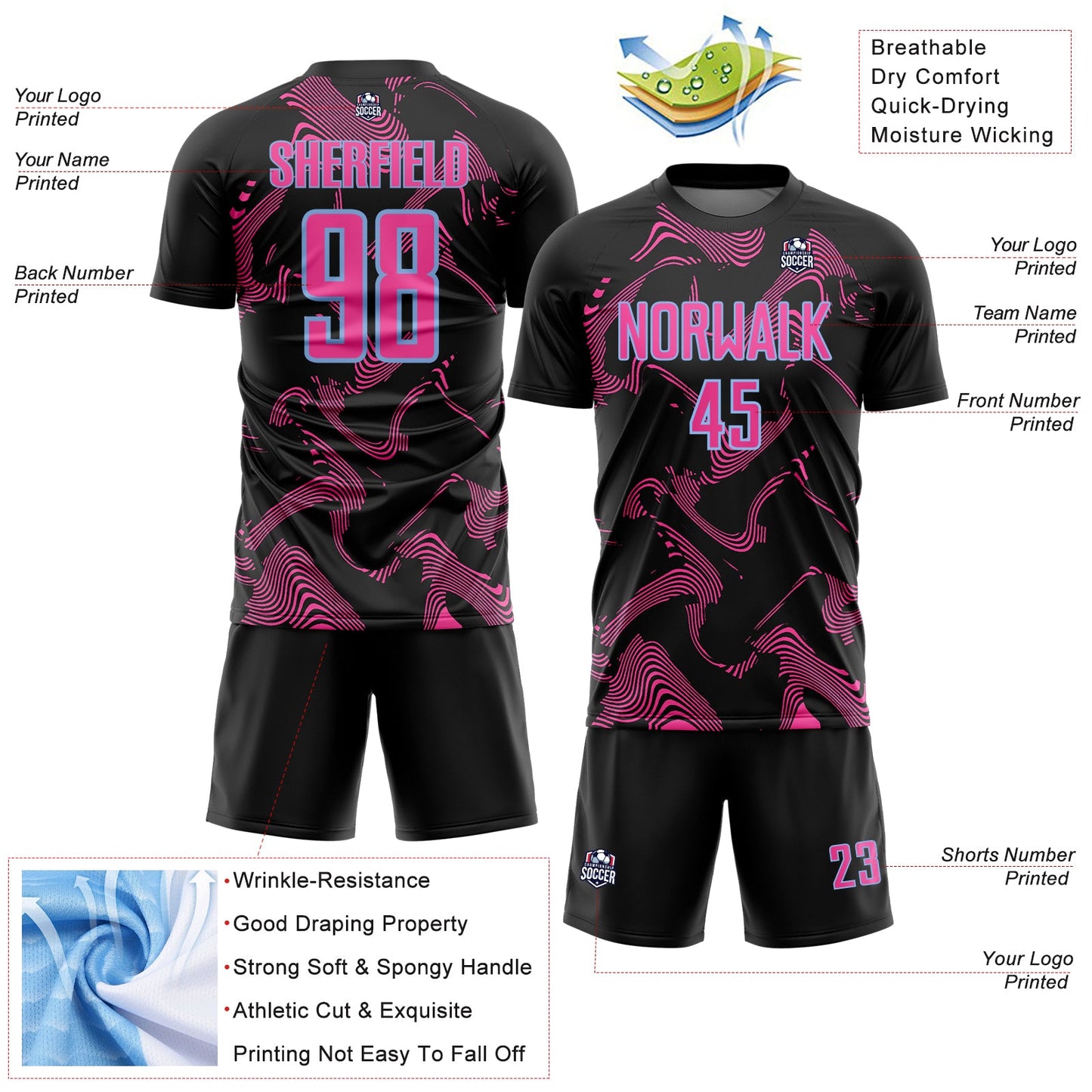 Custom Black Pink-Light Blue Curve Lines Sports Sublimation Soccer Uniform Jersey Limited