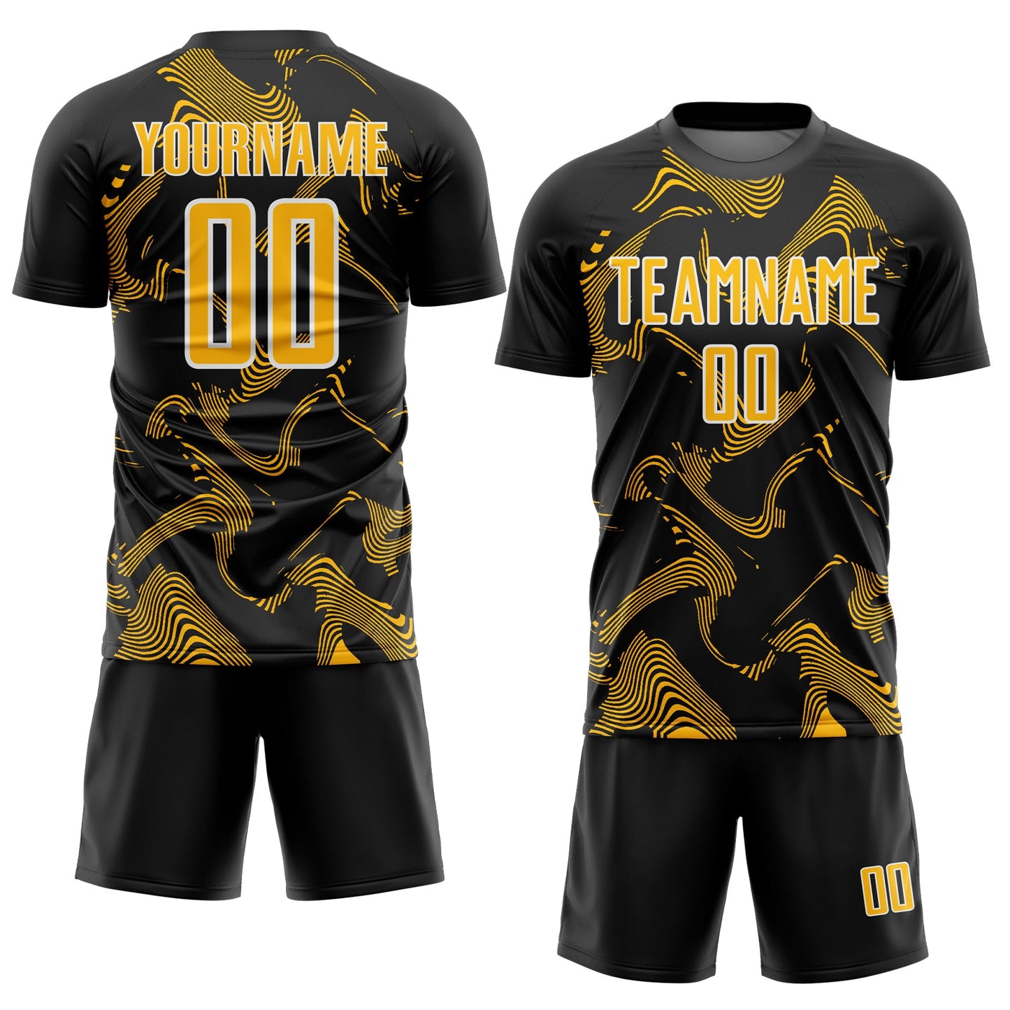 Custom Black Gold-White Curve Lines Sports Sublimation Soccer Uniform Jersey Limited