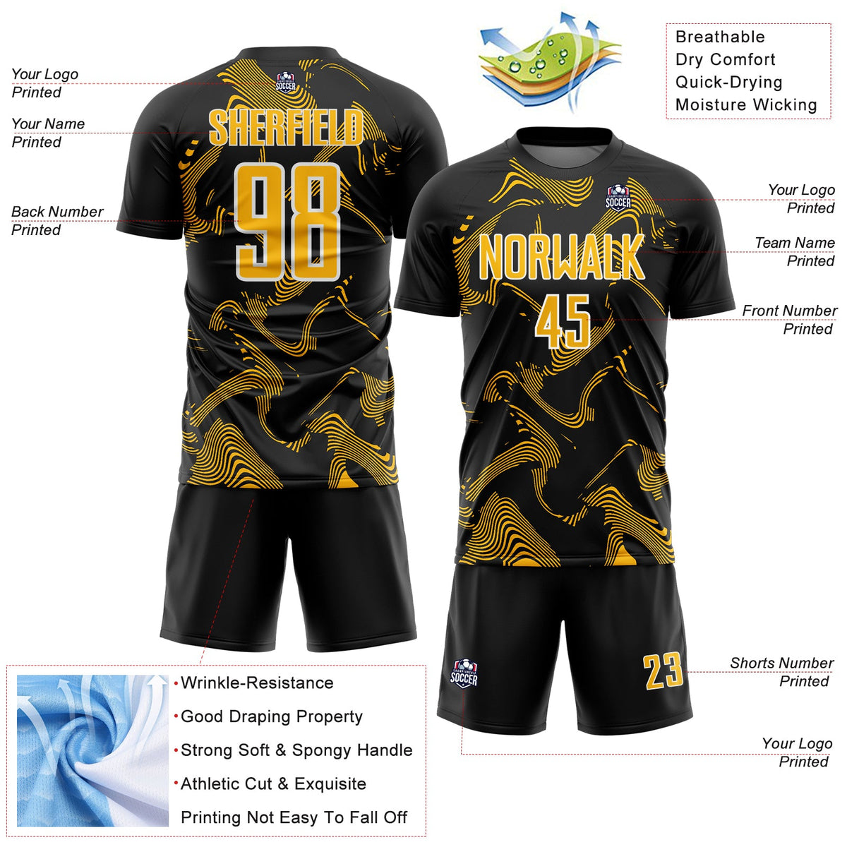 Custom Black Gold-White Curve Lines Sports Sublimation Soccer Uniform Jersey Limited