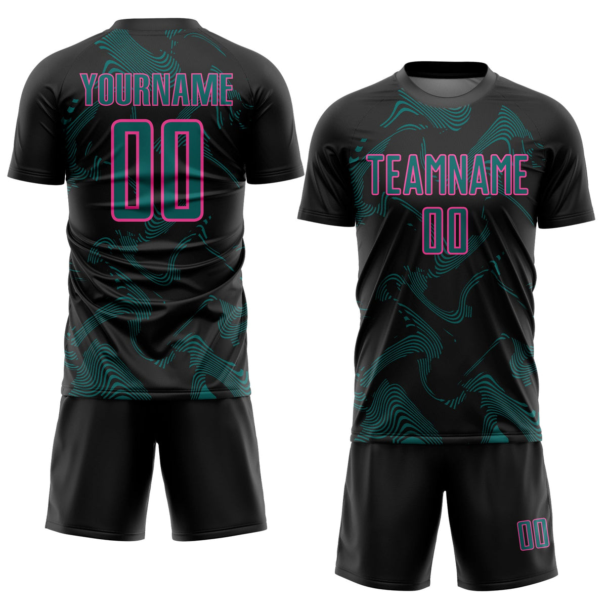 Custom Black Teal-Pink Curve Lines Sports Sublimation Soccer Uniform Jersey Limited