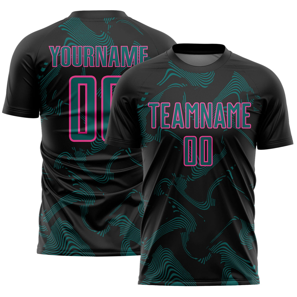 Custom Black Teal-Pink Curve Lines Sports Sublimation Soccer Uniform Jersey