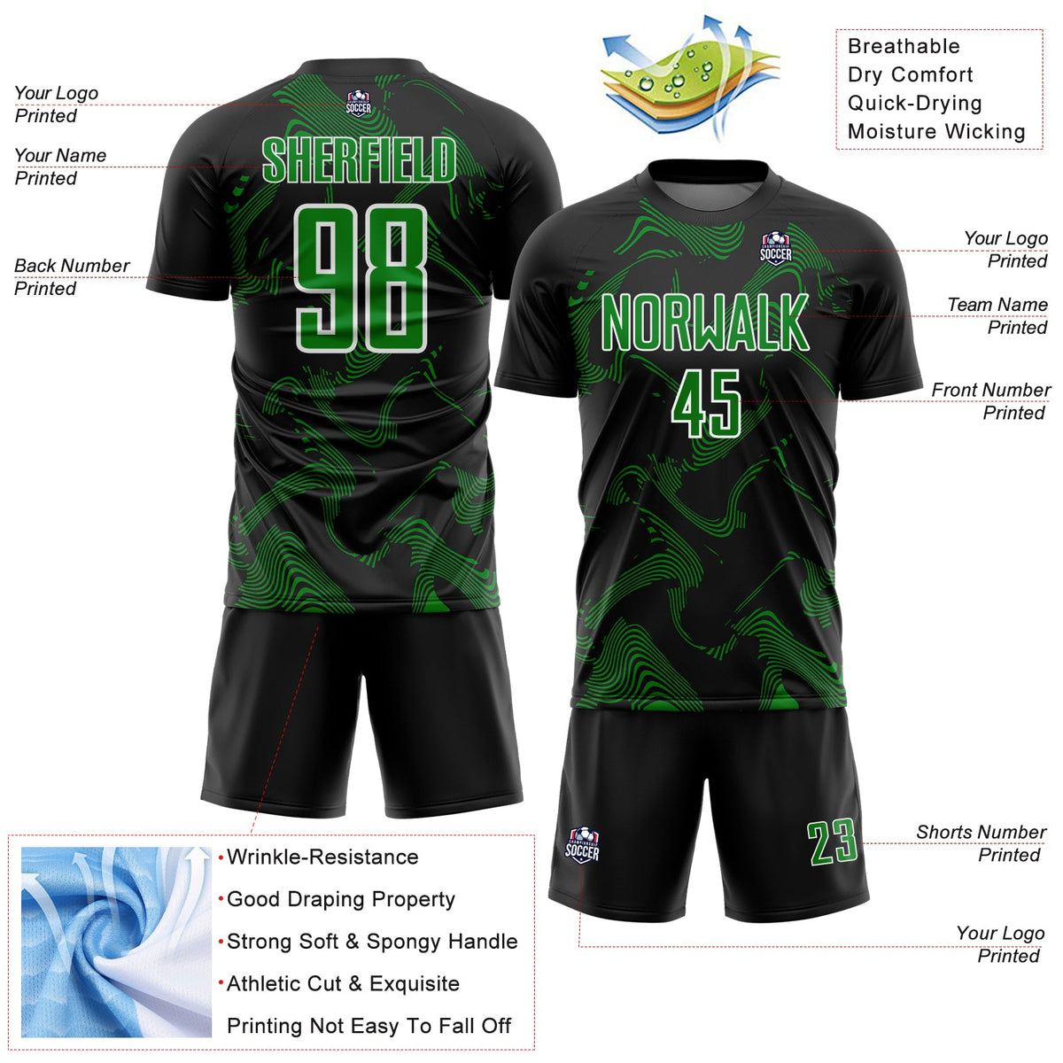 Custom Black Grass Green-White Curve Lines Sports Sublimation Soccer Uniform Jersey Limited