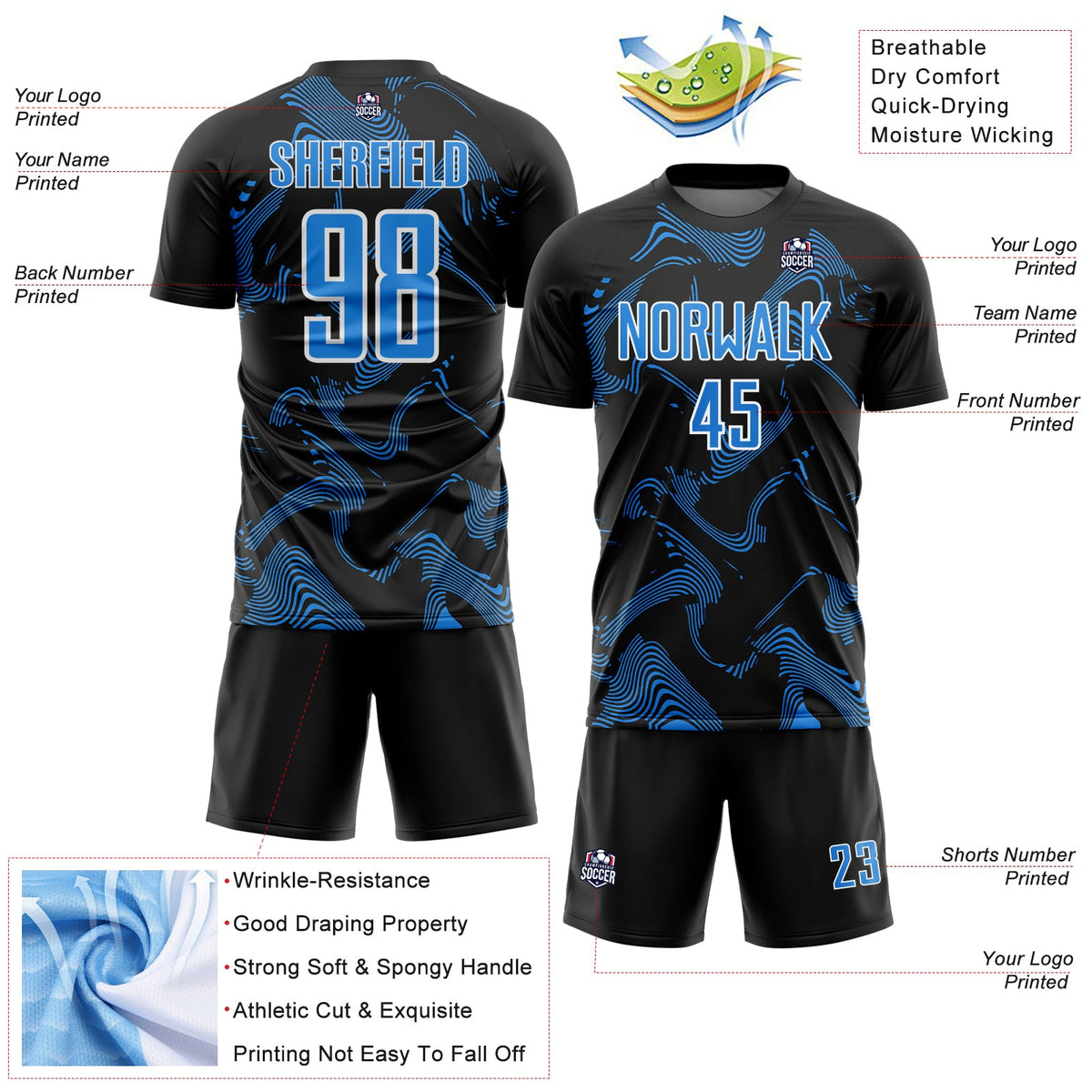 Custom Black Powder Blue-White Curve Lines Sports Sublimation Soccer Uniform Jersey Limited