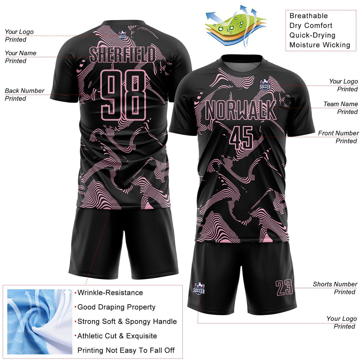 Custom Black Light Pink Curve Lines Sports Sublimation Soccer Uniform Jersey Limited
