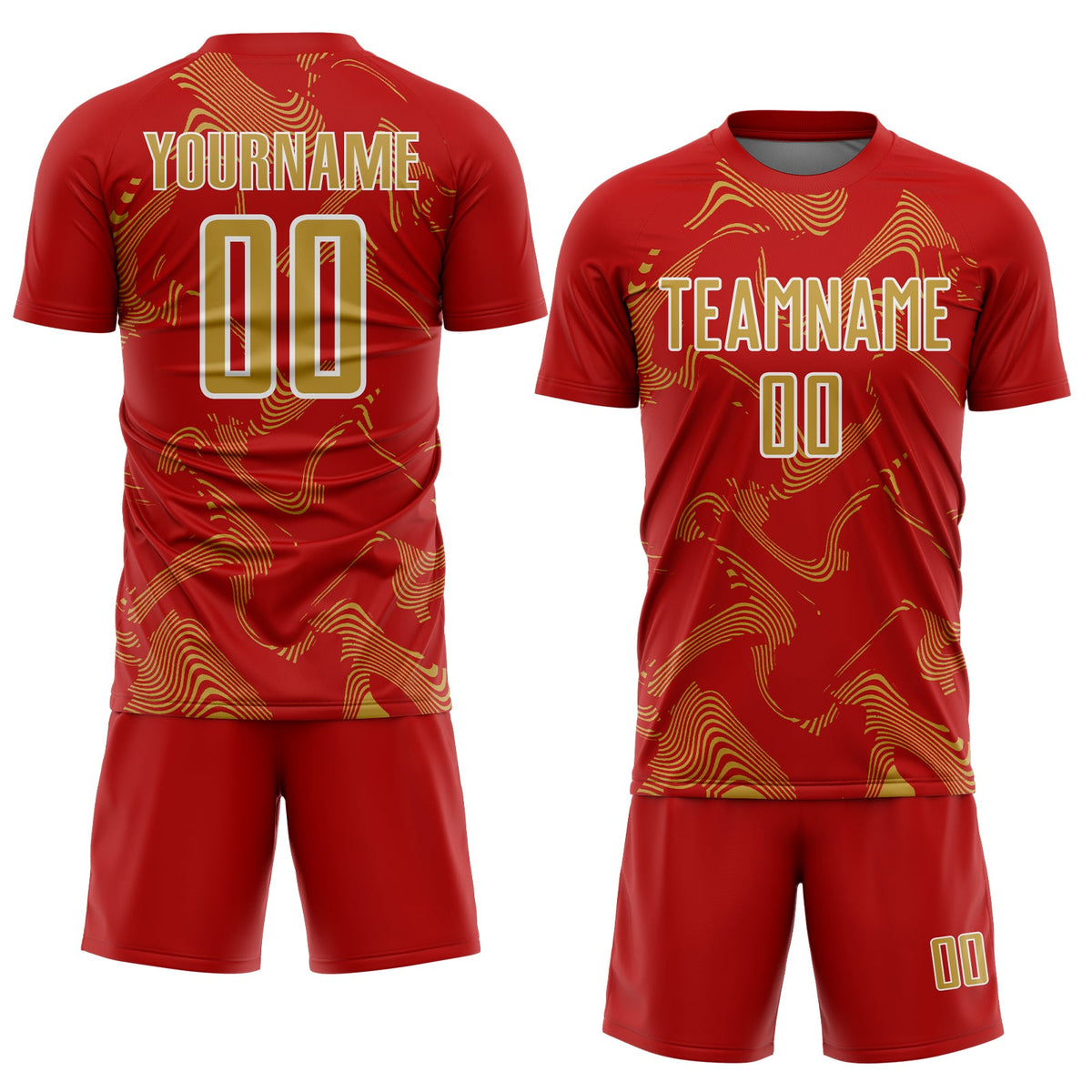 Custom Red Old Gold-White Curve Lines Sports Sublimation Soccer Uniform Jersey Limited