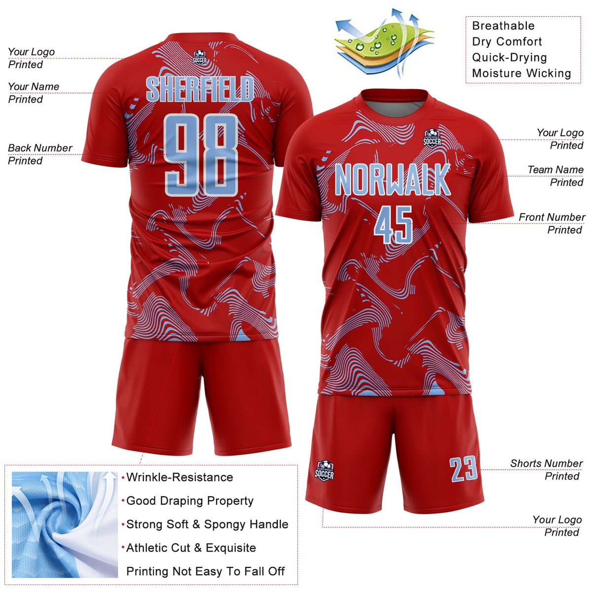 Custom Red Light Blue-White Curve Lines Sports Sublimation Soccer Uniform Jersey Limited