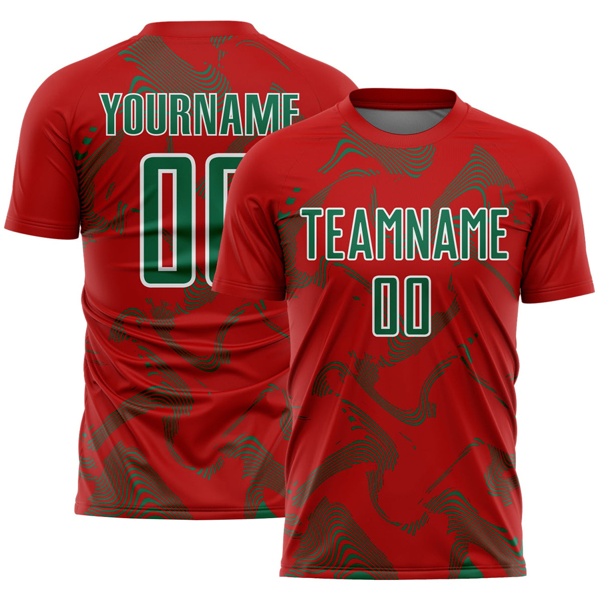 Custom Red Kelly Green-White Curve Lines Sports Sublimation Soccer Uniform Jersey