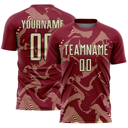 Custom Crimson Cream-Black Curve Lines Sports Sublimation Soccer Uniform Jersey