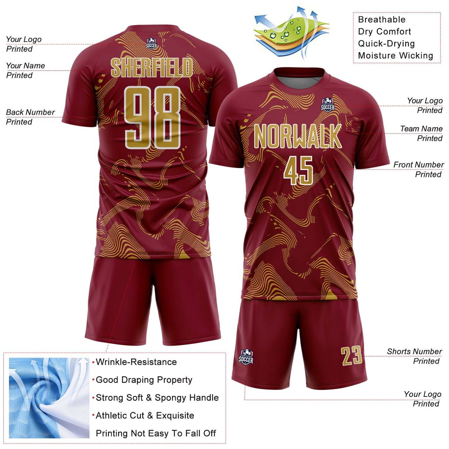 Custom Crimson Old Gold-White Curve Lines Sports Sublimation Soccer Uniform Jersey Limited