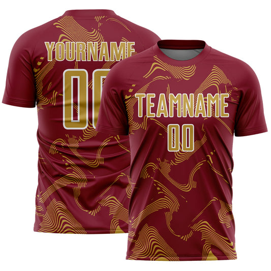 Custom Crimson Old Gold-White Curve Lines Sports Sublimation Soccer Uniform Jersey