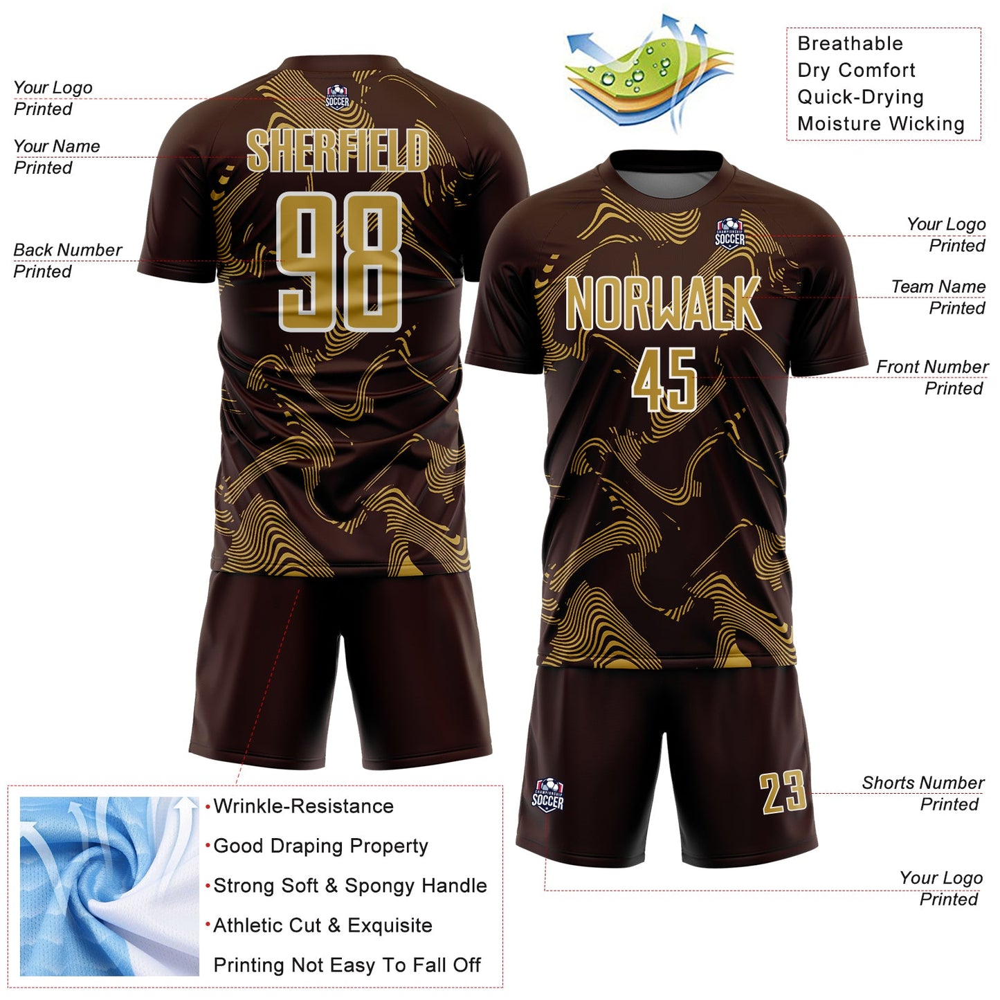 Custom Brown Old Gold-White Curve Lines Sports Sublimation Soccer Uniform Jersey Limited