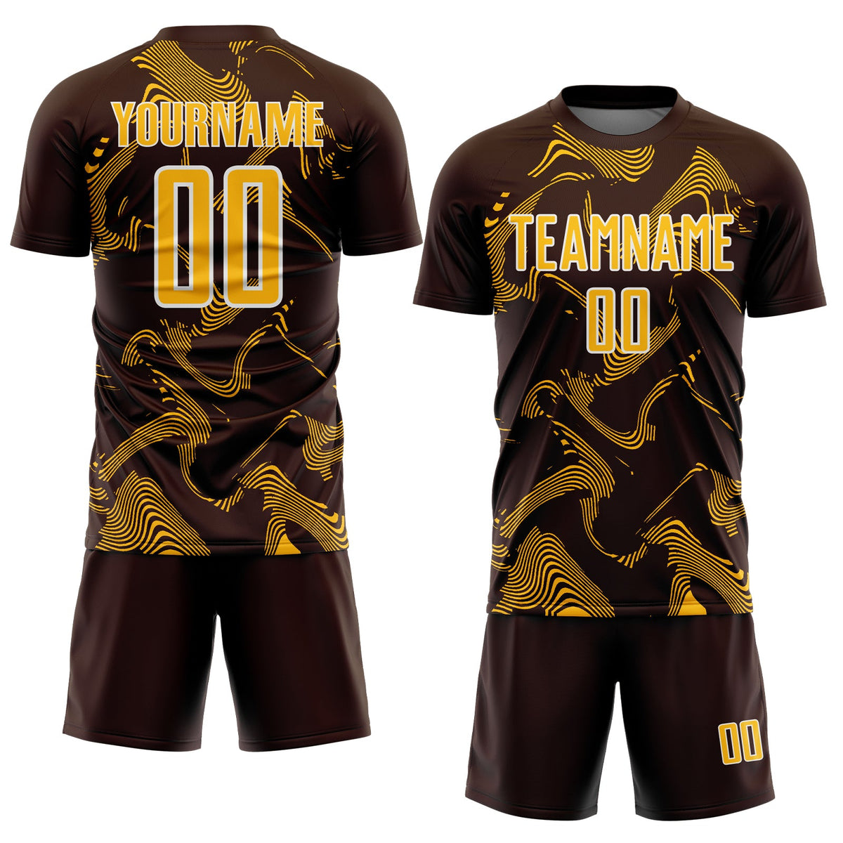 Custom Brown Gold-White Curve Lines Sports Sublimation Soccer Uniform Jersey Limited