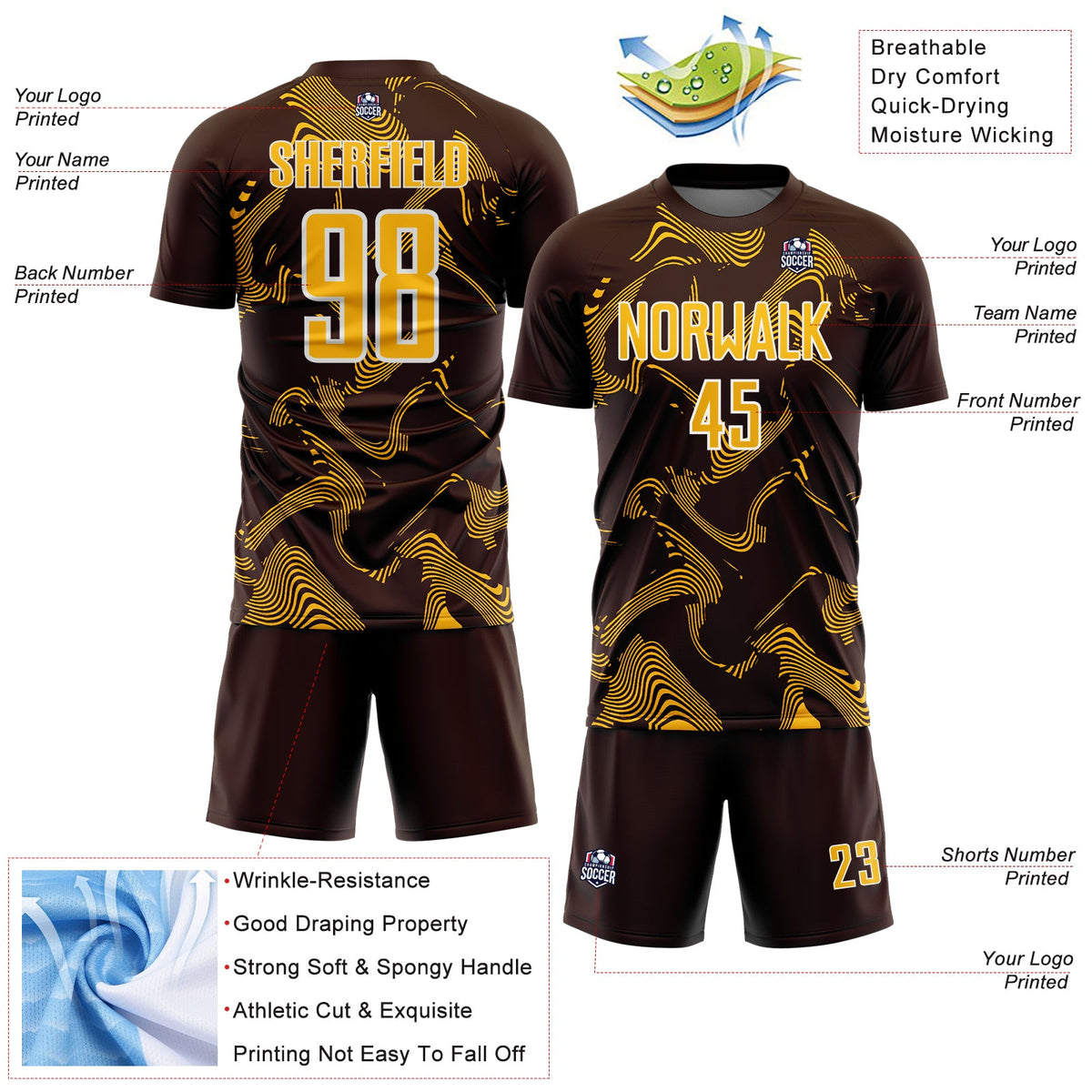 Custom Brown Gold-White Curve Lines Sports Sublimation Soccer Uniform Jersey Limited