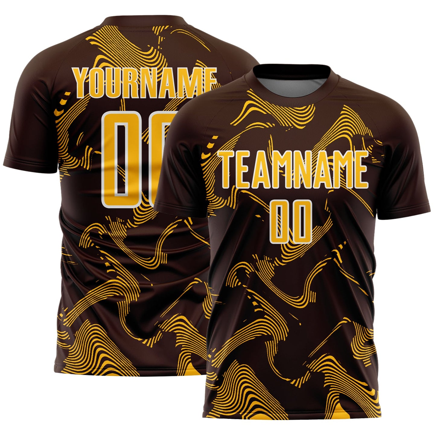 Custom Brown Gold-White Curve Lines Sports Sublimation Soccer Uniform Jersey