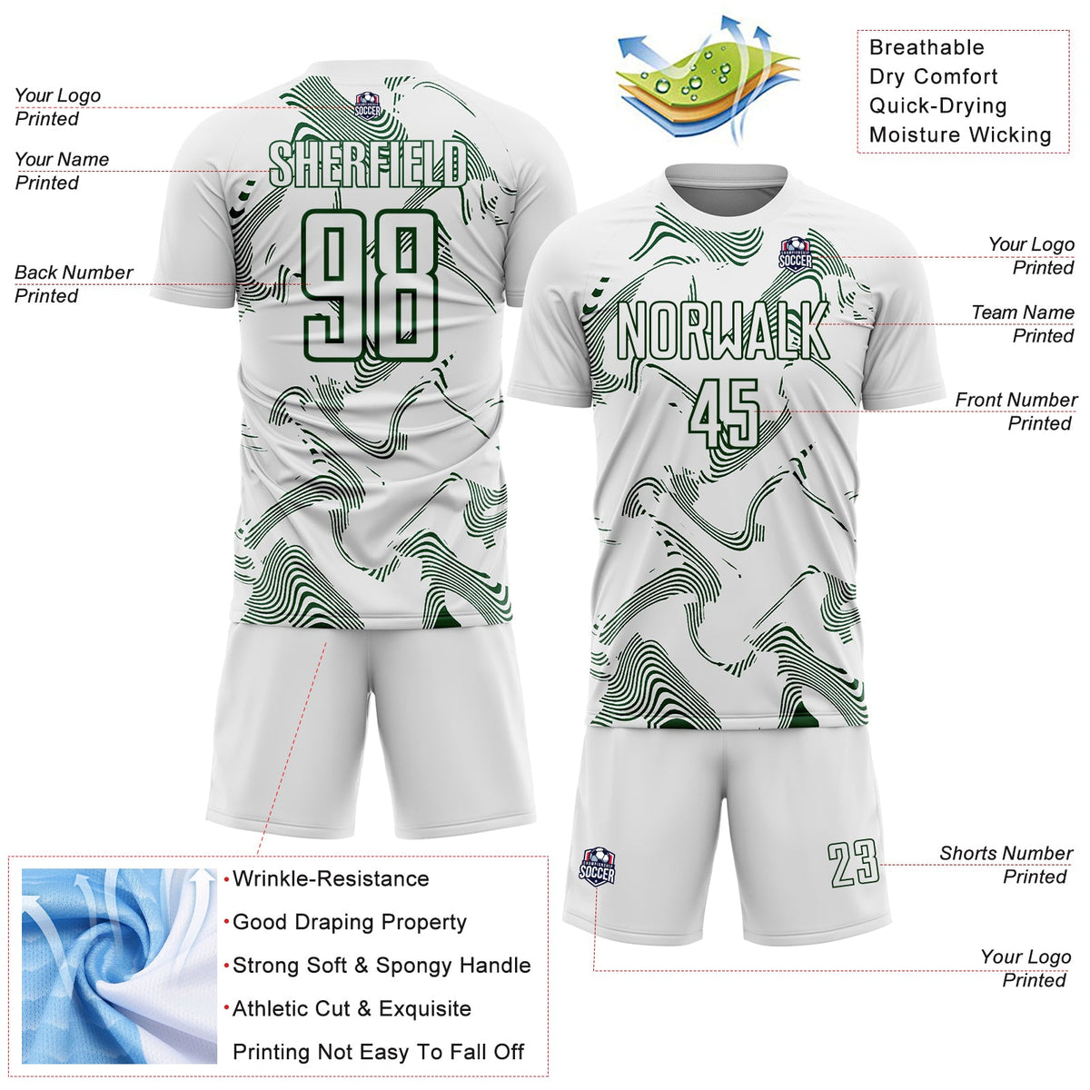 Custom White Green Curve Lines Sports Sublimation Soccer Uniform Jersey Limited