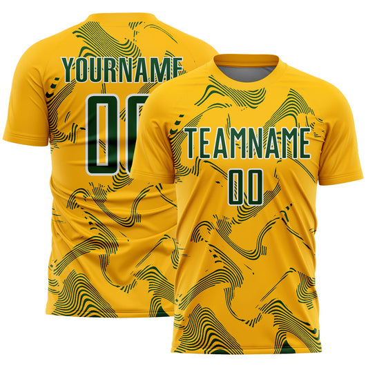Custom Gold Green-White Curve Lines Sports Sublimation Soccer Uniform Jersey