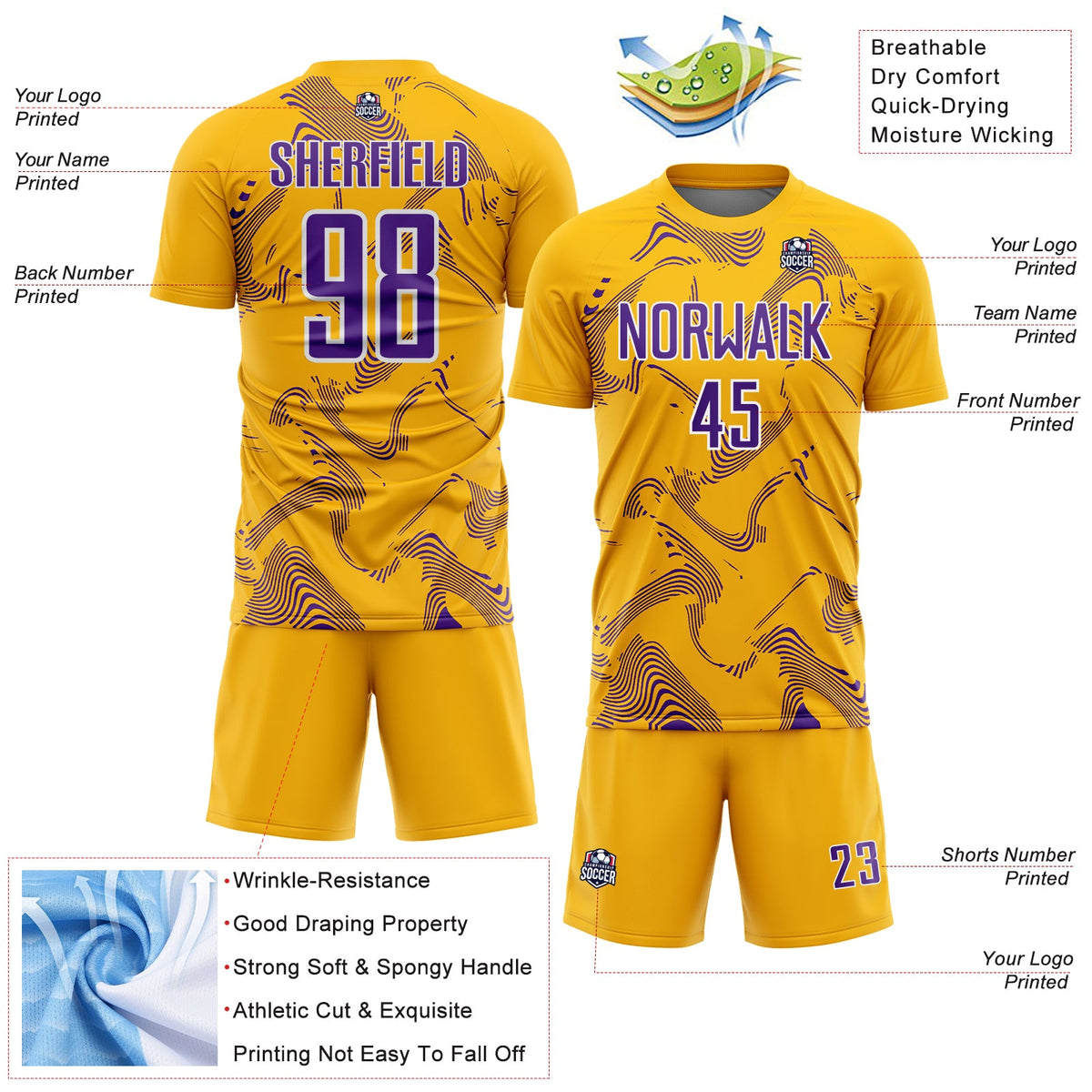 Custom Gold Purple-White Curve Lines Sports Sublimation Soccer Uniform Jersey Limited
