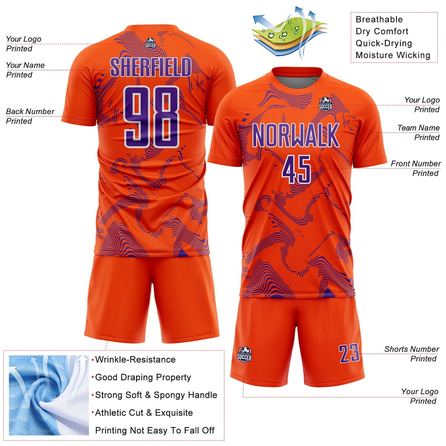 Custom Orange Purple-White Curve Lines Sports Sublimation Soccer Uniform Jersey Limited